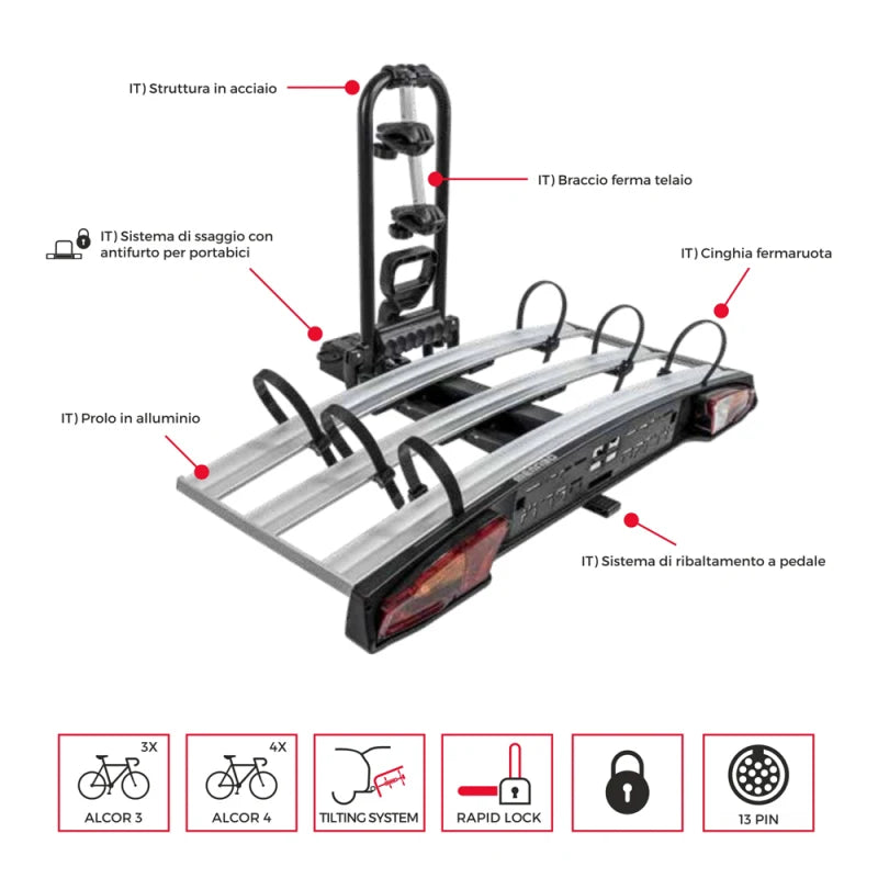 Portabici da gancio di traino Menabo ALCOR 3 compatibile per e-bike