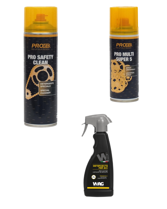 Kit prodotti per la cura della tua bici (sgrassatore + detergente + olio per catene)