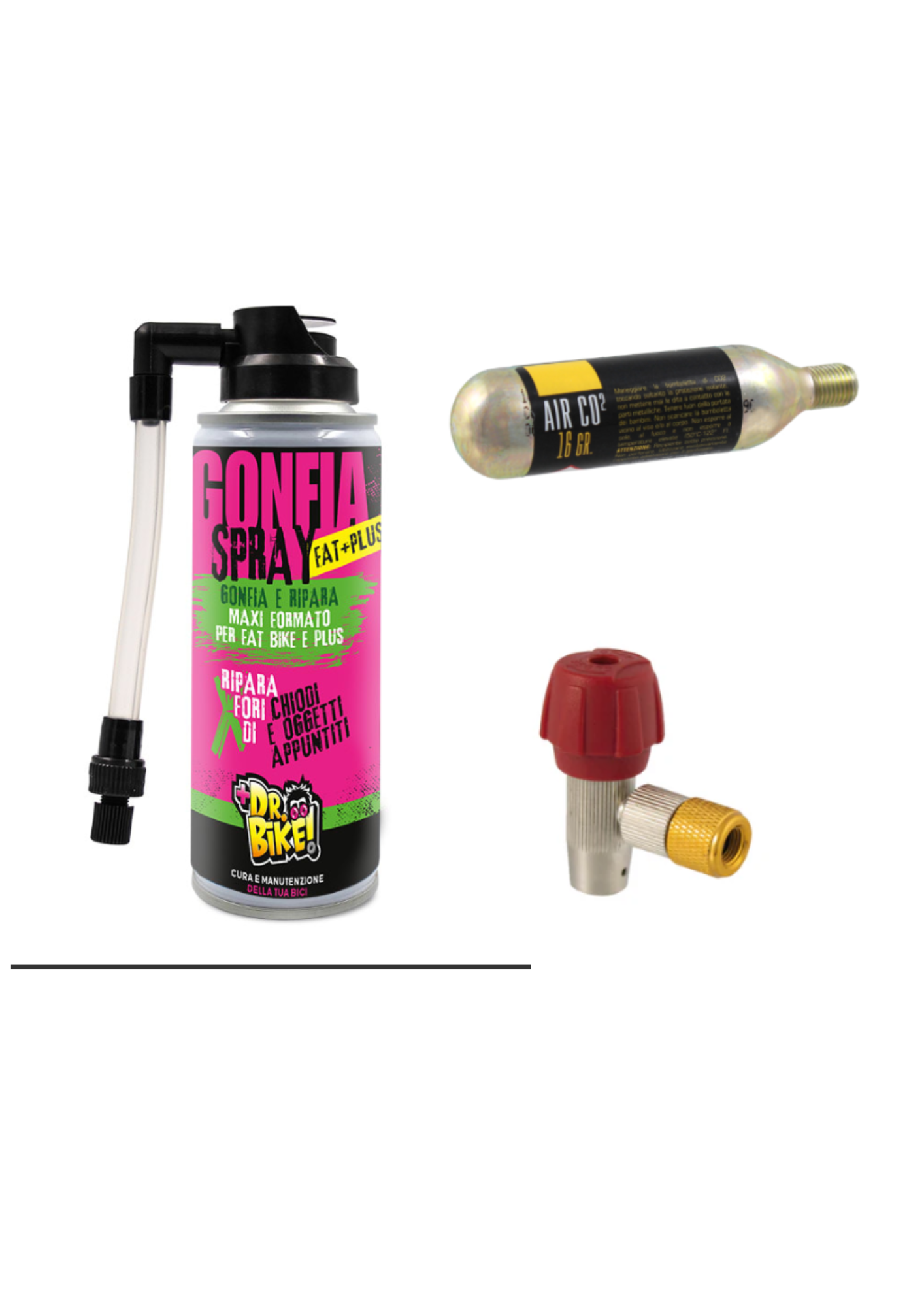 Kit gonfia e ripara MEDIO (gonfia e ripara da 125ml + bomboletta CO2 25gr + raccordo per CO2)